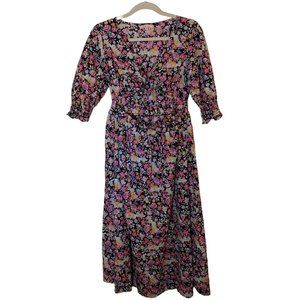 Frille Rose Exposed Midriff Dress Women's XL Midi Black Pink Floral Pockets